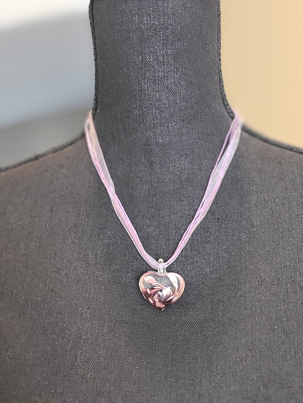 3 PIECES SET!! Blown Glass Purple Heart Charm Necklace, Bracelet and Earrings